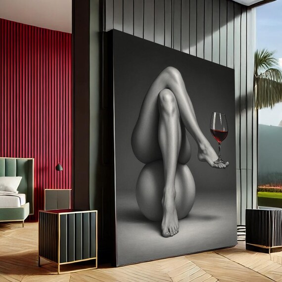 Monochrome Nude Woman Holding Red Wine Glass Elegant Photography Poster