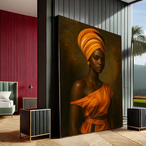 Empowering African Woman Modern Canvas Wall Art Print Warm Tones Living Room Decor Statement Piece