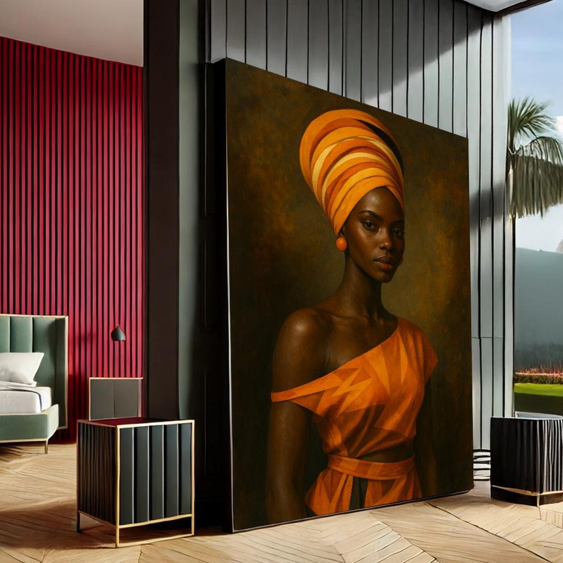 African Woman Golden Orange Headwrap Elegant Portrait Art Poster