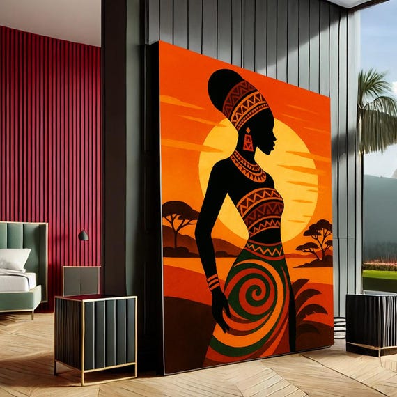Bold African Woman Silhouette Canvas Tribal Sunset Wall Art Print With Vibrant Geometric Dress