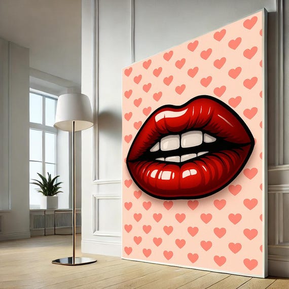 Red Lips Pop Art Canvas Heart Pattern Modern Wall Print Flirty Bold Poster Glam Home Decor Ready To Hang