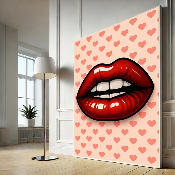 Red Lips Pop Art Hearts Pattern Flirty Bold Glam Fashion Wall Poster