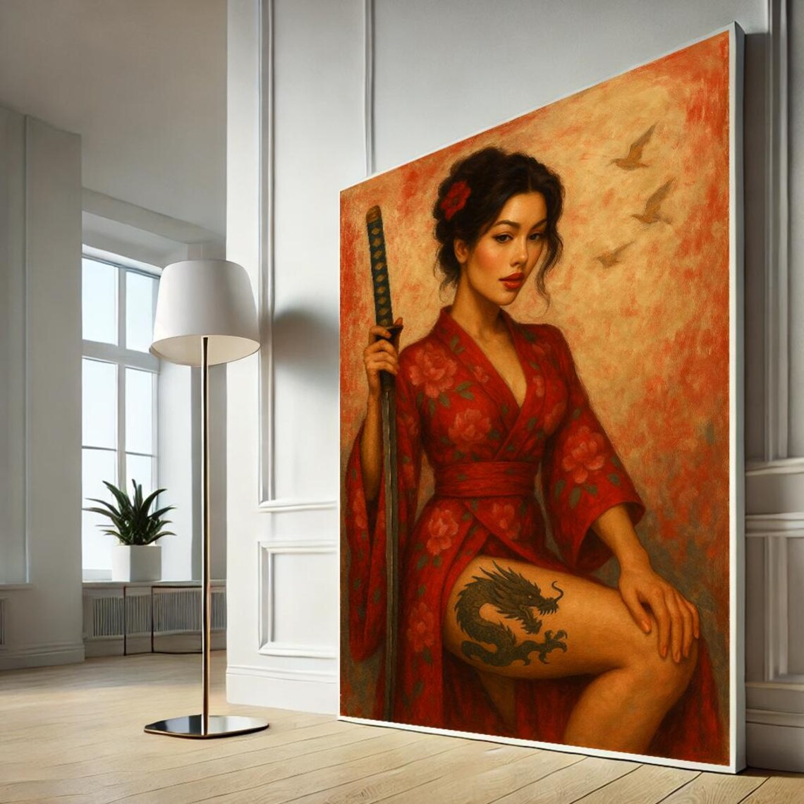Geisha Warrior Woman Red Kimono Sword Dragon Tattoo Art Poster