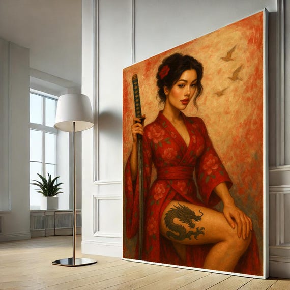 Sexy Japan Asian Woman Geisha Warrior With Dragon Tattoo Canvas Wall Art Bold Living Room Decor Ready To Hang Cultural Gift