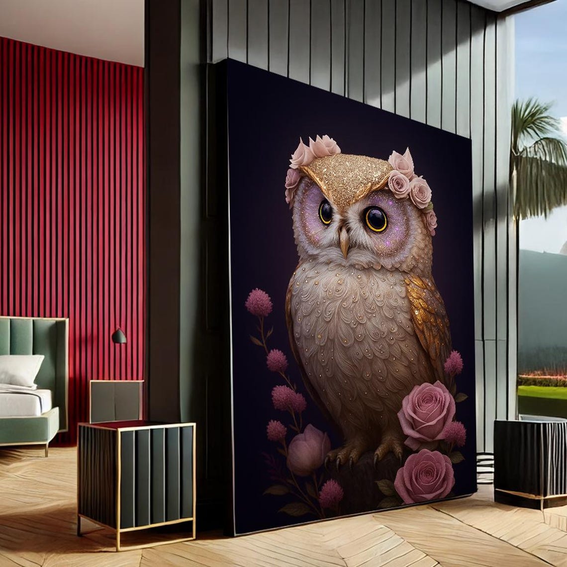 Enchanted Owl Portrait Pink Roses Boho Dark Floral Canvas Print