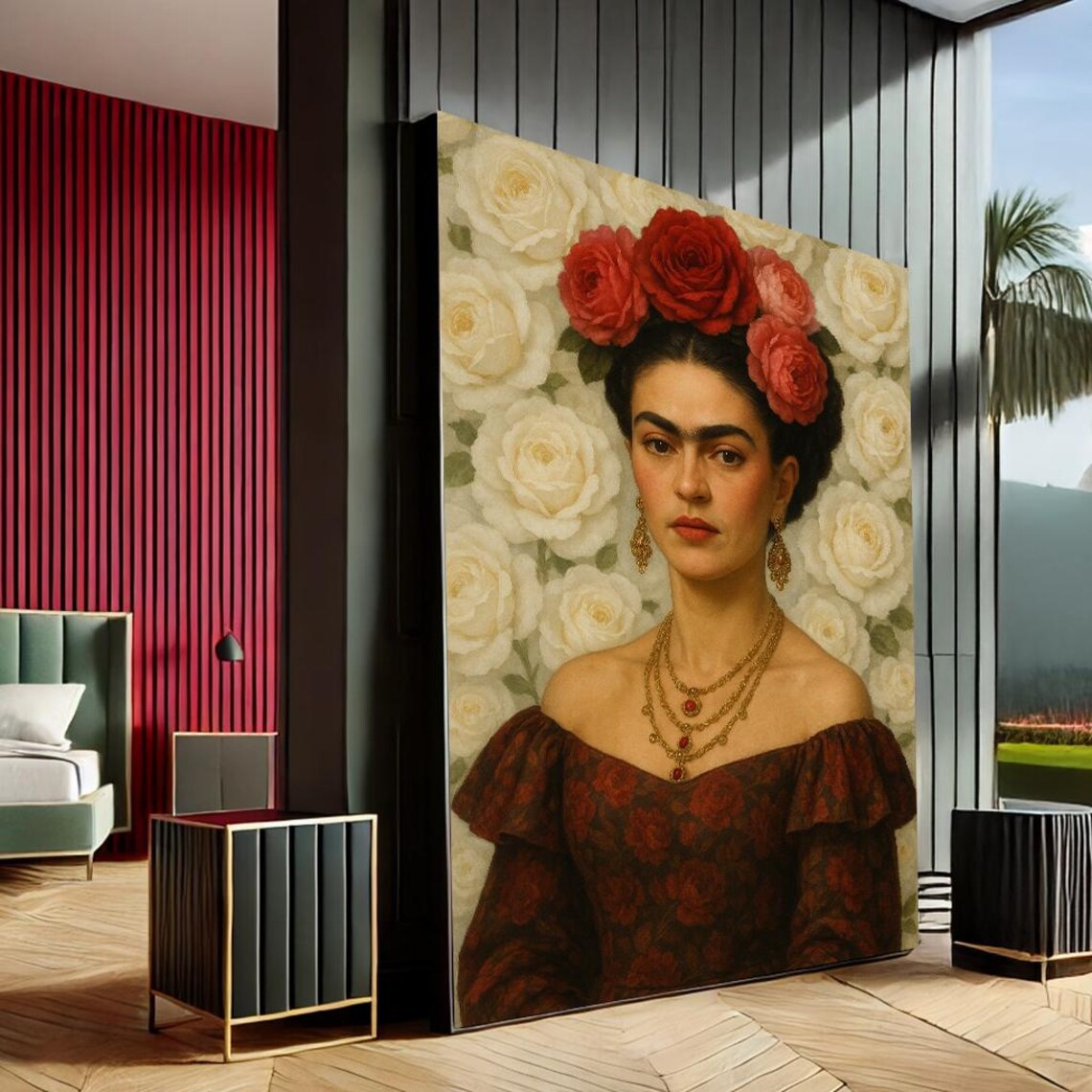 Frida Kahlo Style Portrait Red Roses Crown Mexican Artist Art Poster