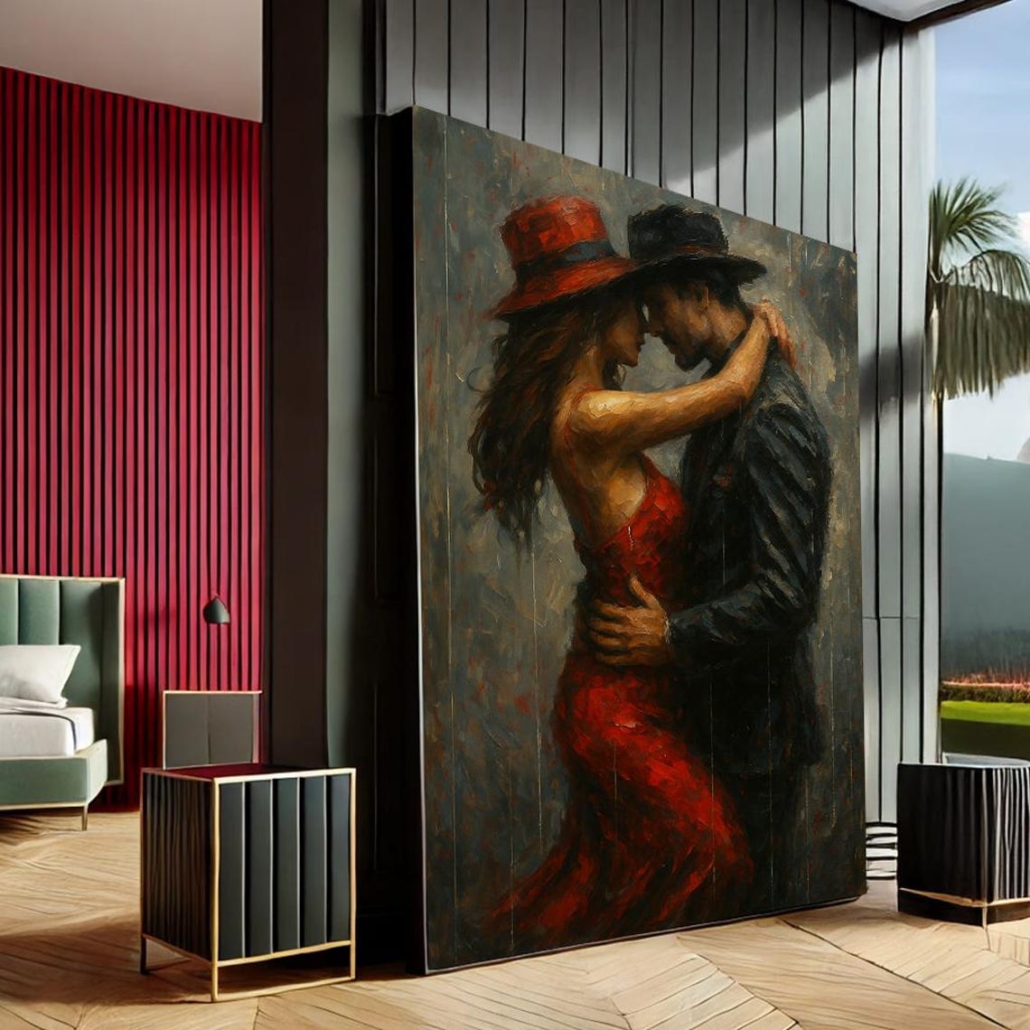 Dancing Couple Painting Passionate Tango Red Dress Romantic Art Print
