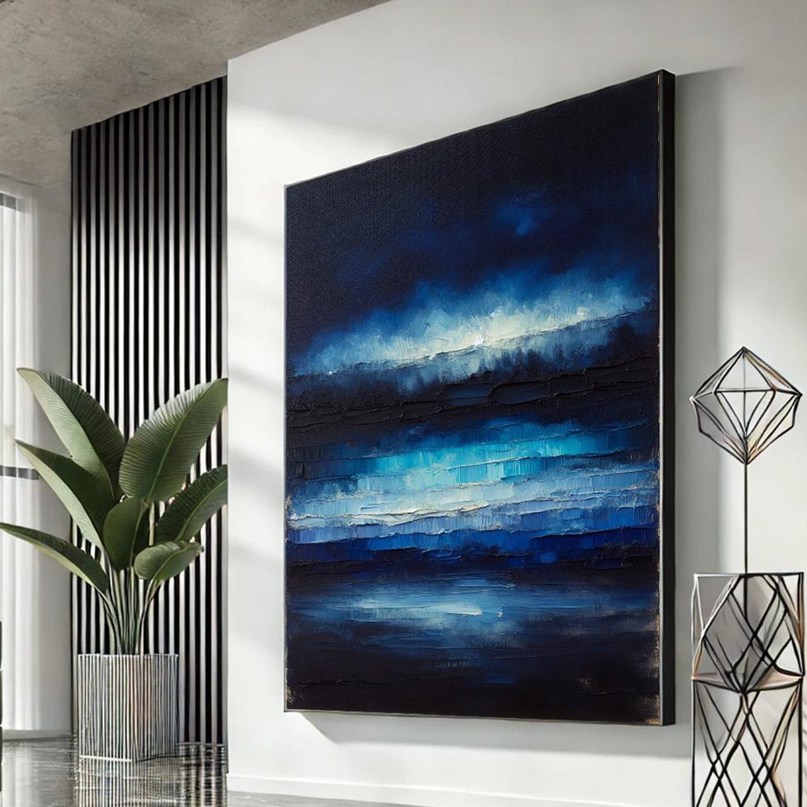 Deep Navy Blue Modern Abstract Textured Ocean Waves Art Poster