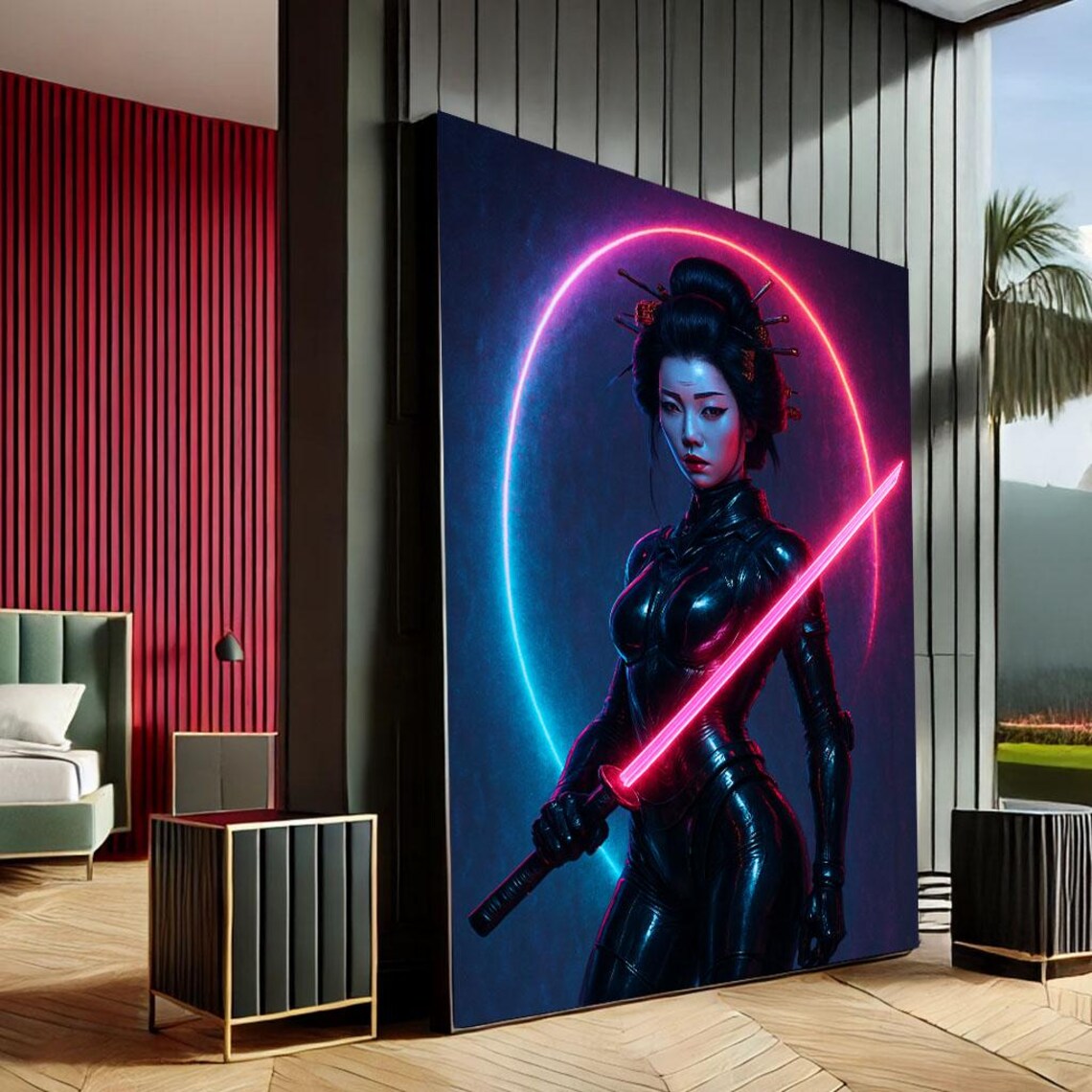 Cyberpunk Geisha Neon Katana Halo Warrior Japanese Art Print