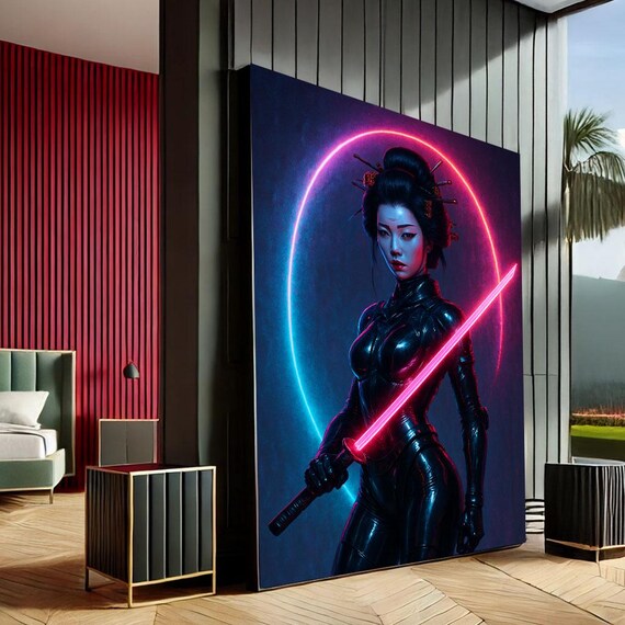 Cyberpunk Geisha Neon Katana Halo Warrior Japanese Art Print
