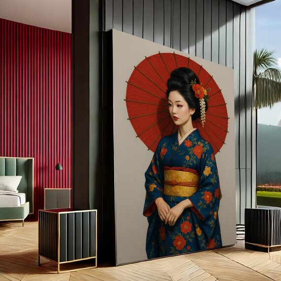 Elegant Geisha with Red Parasol Floral Kimono Japanese Art Print