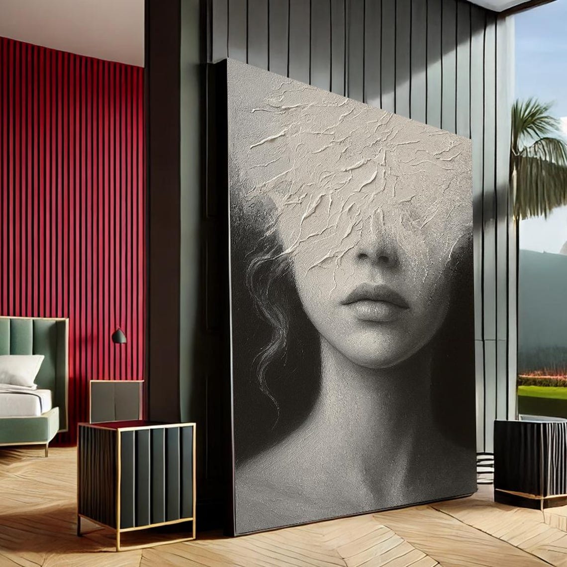 Abstract Textured Woman Portrait Monochrome Modern Canvas Wall Art