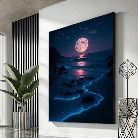 Moonlit Ocean Waves Under Full Moon Night Seascape Calming Art Poster