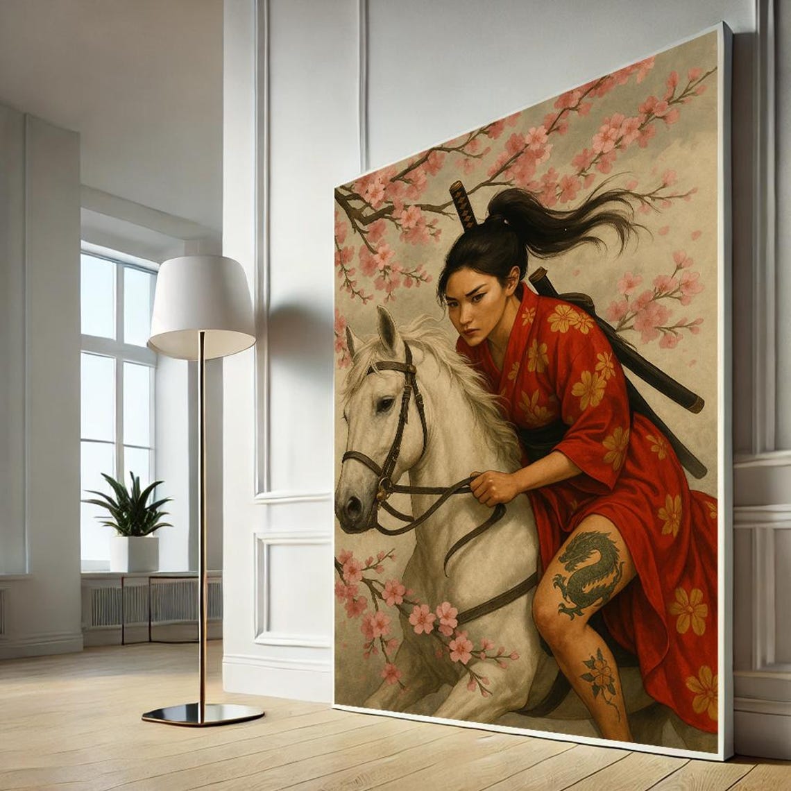 Japanese Samurai Woman White Horse Cherry Blossom Warrior Wall Poster