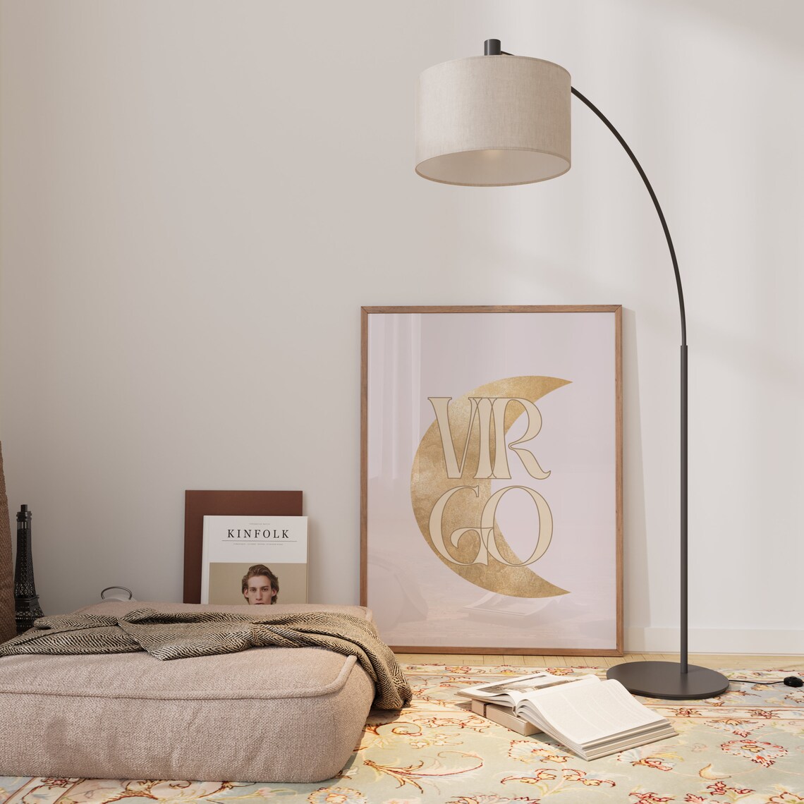 Virgo Gold Crescent Moon Art Nouveau Blush Pink Zodiac Typography Poster - Image 2