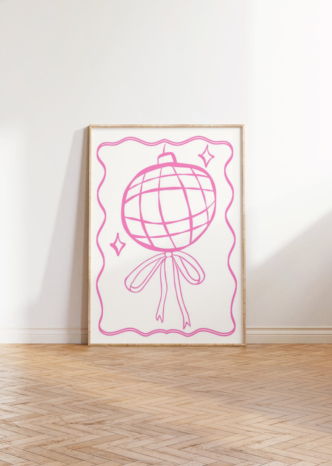 Pink Cute Disco Ball Bow Fine Line Drawing Trendy Girly Wall Art