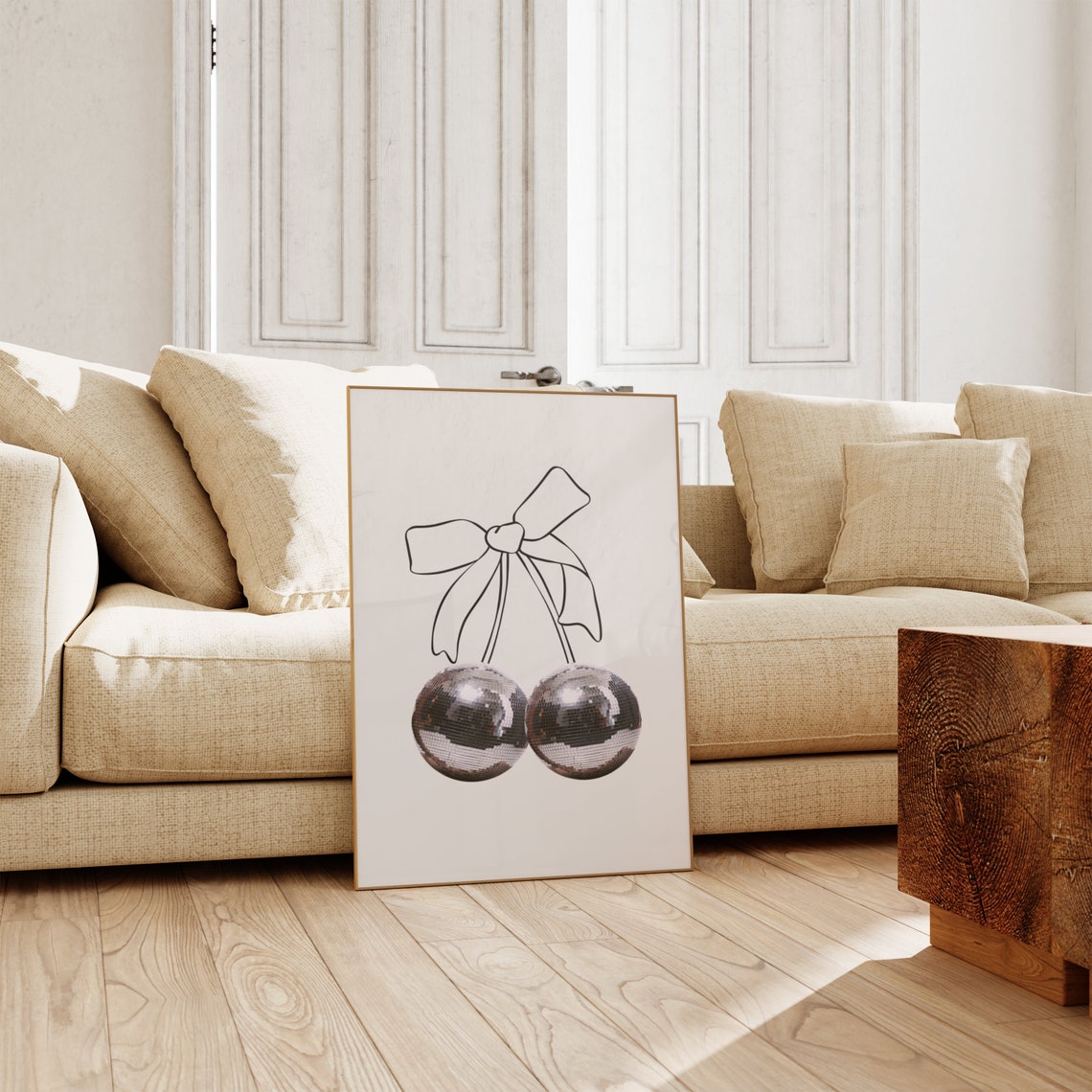 Black Line Art Bow With Silver Disco Ball Cherries Coquette Wall Art - Image 3