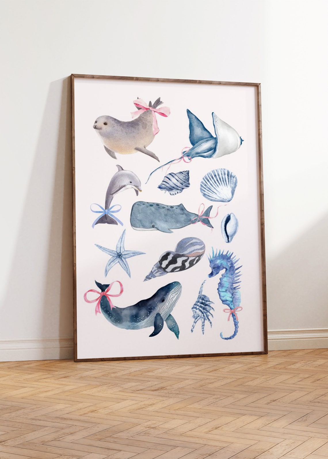 Cute Girly Sea Animal Bow Watercolor Vertical Coastal Wall Art - Image 2