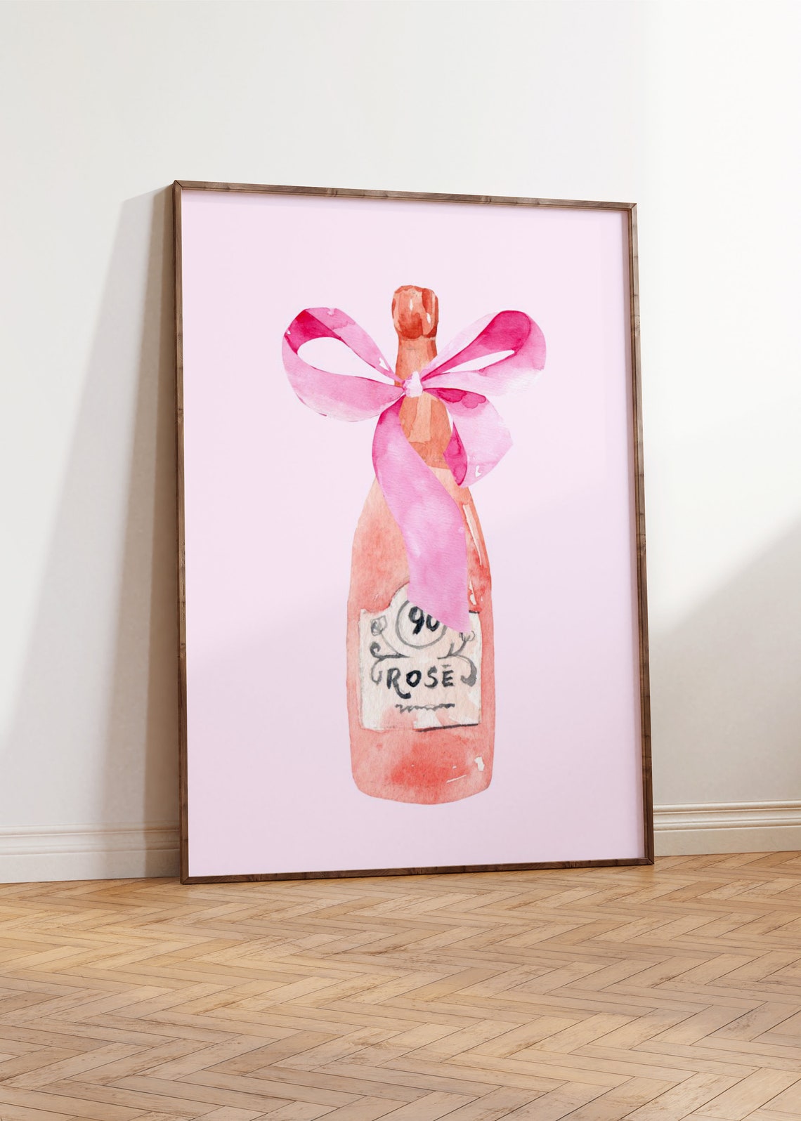 Pink Girly Rose Champagne Bottle Watercolor Bow Coquette Wall Art - Image 2