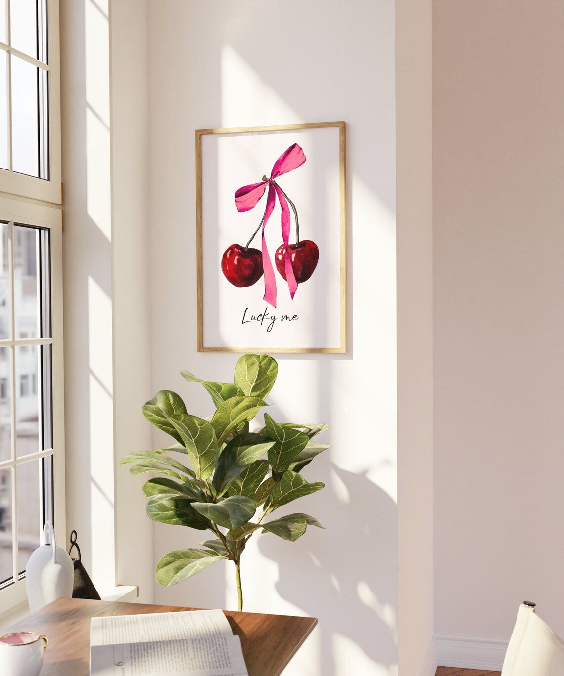 Lucky Me Cute Red Cherry Bow Watercolor Coquette Girly Wall Art - Image 2