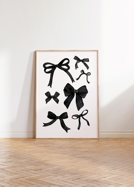 Trendy Black Bow Print Coquette Cute Girly Wall Art Preppy Watercolor Bow Simple Minimalist Poster Ribbon Bow Balletcore