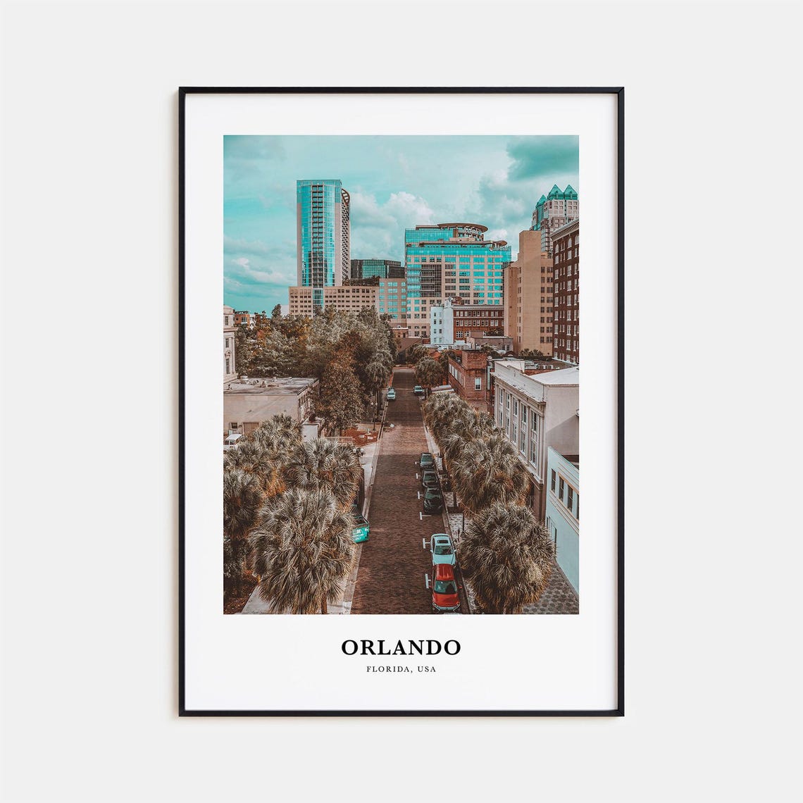 Orlando Florida Downtown Skyline Brick Street with Palms Poster