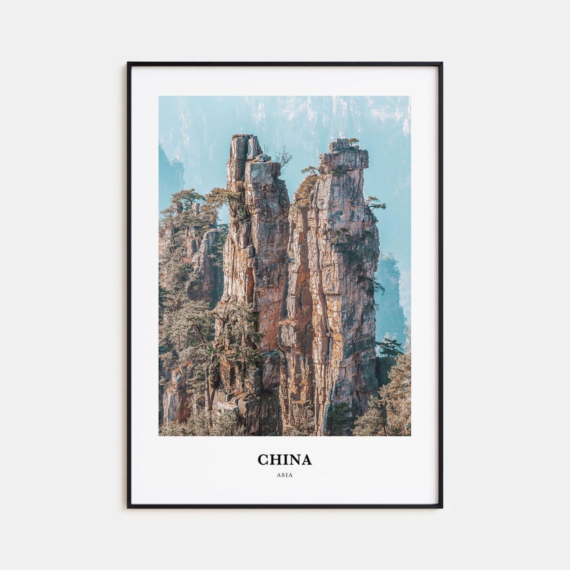 China Asia Soaring Sandstone Pillars Forest Mountains Photo Poster