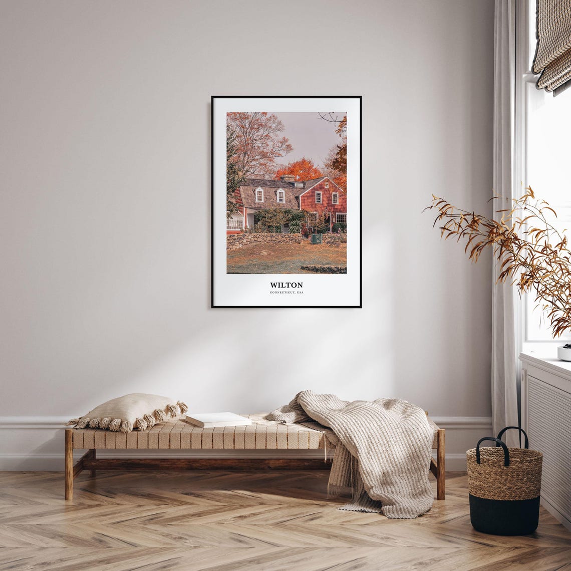 Wilton Connecticut Red Colonial House Autumn Fall Travel Poster - Image 3