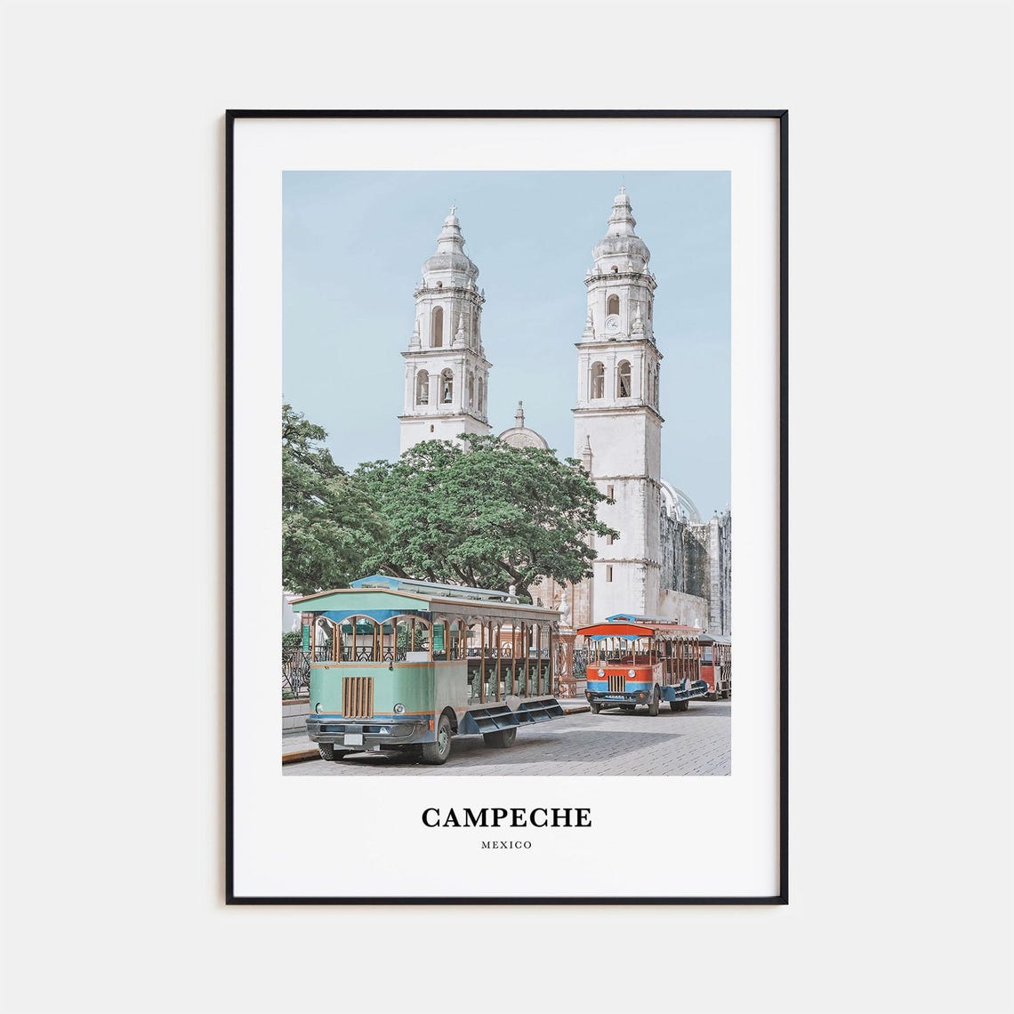 Campeche Mexico Colonial Cathedral Vintage Trolley Photo Poster