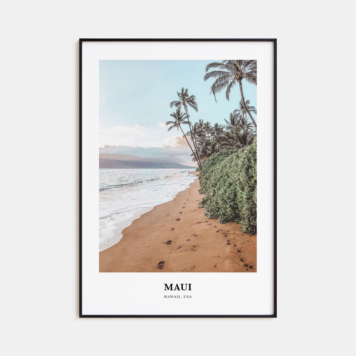 Maui Hawaii Palm Lined Beach With Footprints Ocean Shore Poster