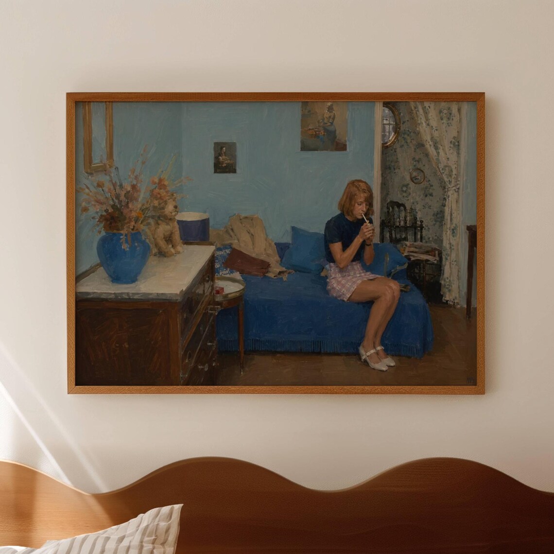Woman Lighting A Cigarette Blue Interior Vintage Oil Painting Poster