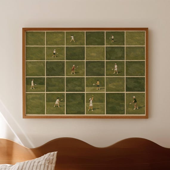 Minimalist Tiny Tennis Players Oil Painting Print Horizontal Modern Abstract Sports Wall Art Hand Drawn Aerial Court Poster