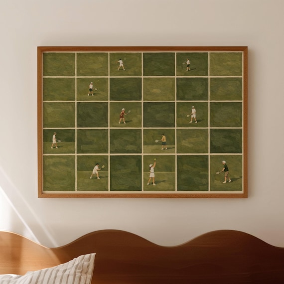 Tiny Tennis Players Grid On Green Courts Vintage Sports Painting Poster