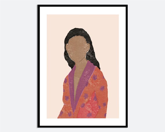 Stylish Woman In Floral Jacket Wall Art Print Hand Drawn Spring Girl Portrait Illustration Contemporary Modern Poster Ma76