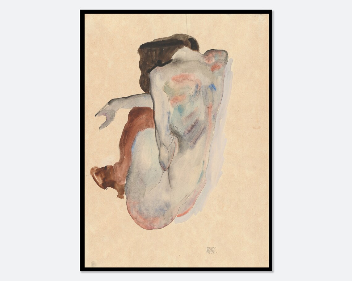 Egon Schiele Seated Nude Figure Watercolor Drawing Expressionist Poster