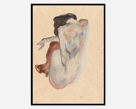Egon Schiele Crouching Nude In Shoes And Black Stockings Back View Vintage Exhibition Poster Art Print Schiele Print Schiele Poster Es03
