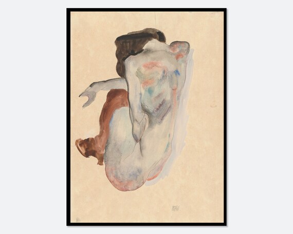 Egon Schiele Seated Nude Figure Watercolor Drawing Expressionist Poster