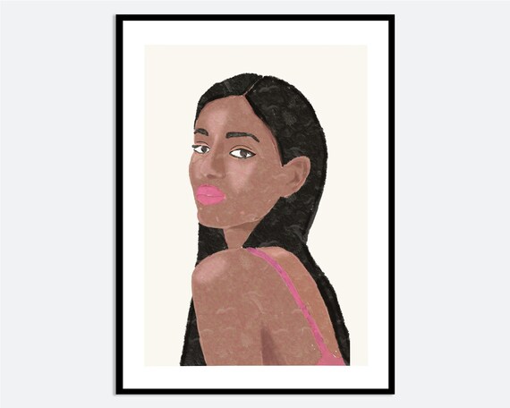 Modern Stylish Girl in Pink Strap Dress Hand Drawn Fashion Poster