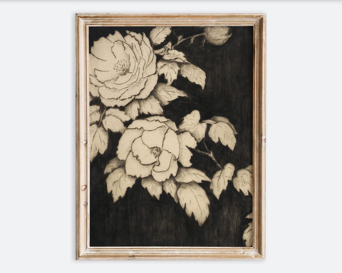 Vintage Japanese Peonies Flowers Botanical Wall Art Print Rustic Black Beige Antique Oil Painting Dark Moody Farmhouse Floral Poster Vp207