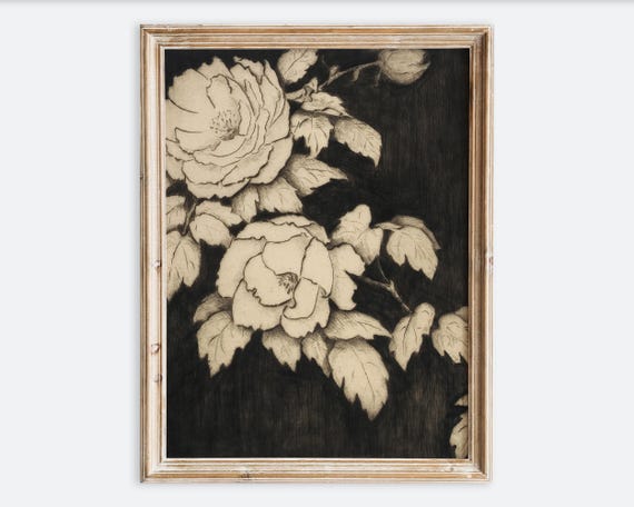 Vintage Japanese Peonies Flowers Botanical Wall Art Print Rustic Black Beige Antique Oil Painting Dark Moody Farmhouse Floral Poster Vp207