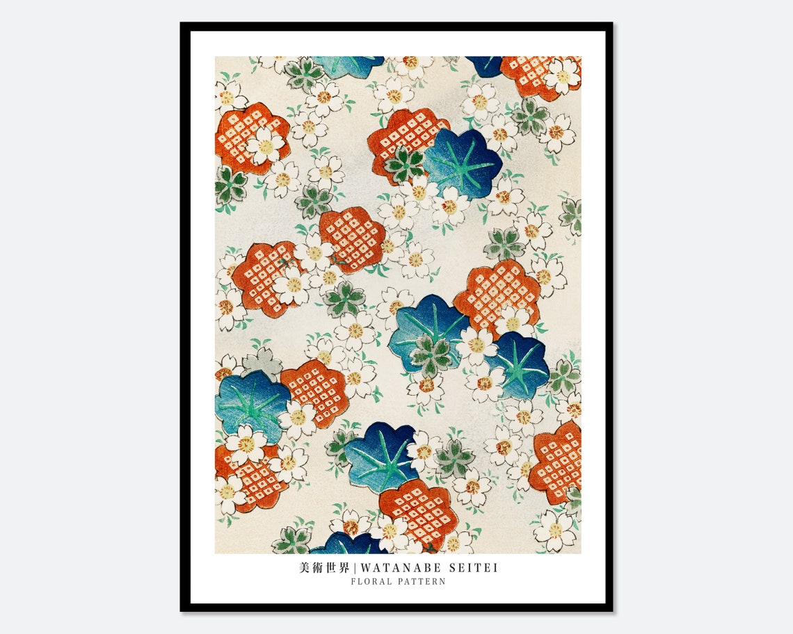 Watanabe Seitei Floral Pattern Red Blue Blossom Bijutsu Sekai Poster