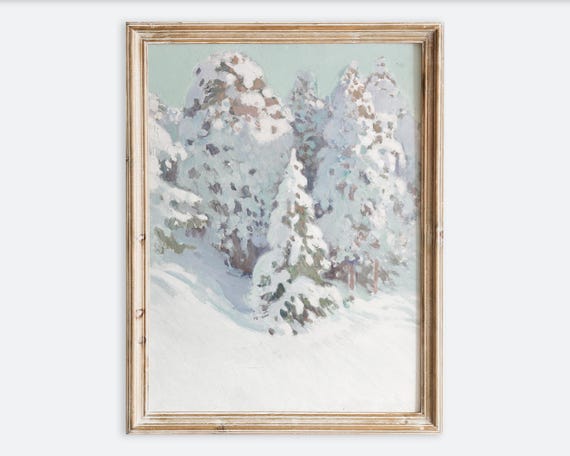 Vintage Snow Covered Pine Forest Landscape Wall Art Print Winter Tree Mountain Scene Poster Scandinavian Snowy Nature Painting Vp433