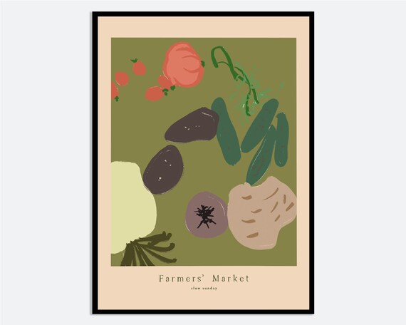 Farmers Market Slow Sunday Hand Drawn Vegetable Kitchen Art Print