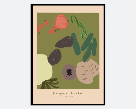 Farmers Market Vegetable Wall Art Print Hand Drawn Contemporary Food Illustration Modern Kitchen Poster Organic Produce Ma132