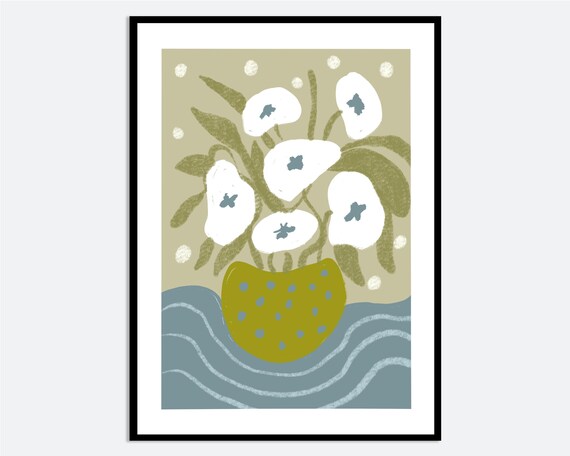 White Flowers In Green Vase Wall Art Print Hand Drawn Abstract Floral Still Life Contemporary Modern Botanical Poster Ma99
