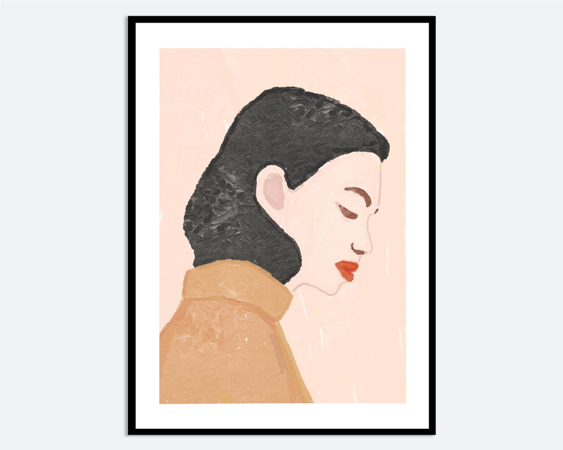 Woman Side Profile Hand Drawn Portrait Red Lips Tan Coat Print