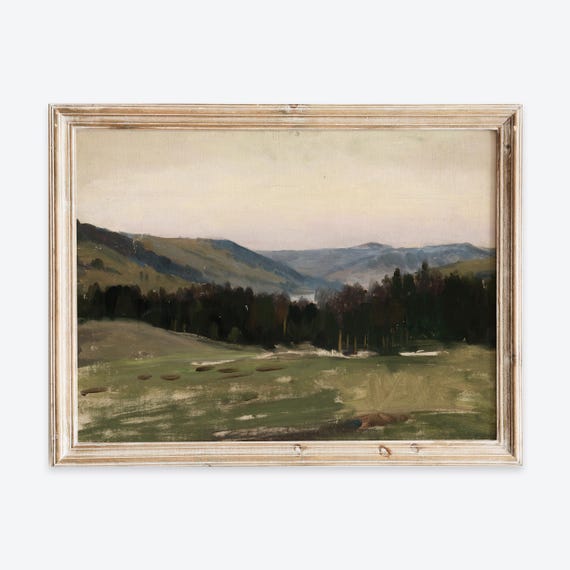 Rustic Vintage European Country Highland Landscape Oil Painting Wall Art Print Neutral Muted Poster Antique Moody Farmhouse Decor Vp266