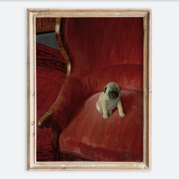 Vintage Pug Dog On Red Chair Portrait Painting Animal Wall Art Print Antique Pet Illustration Poster Rustic Retro Victorian Decor Vp491