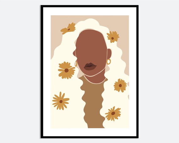 Boho Modern Clean Girl With Sunflowers Beige Aesthetics Wall Art Print Abstract Decor Colorful Botanical Floral Poster Fa28