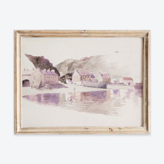 Vintage Fishing Village Wall Art Watercolor Harbor Boats Coastal Scene